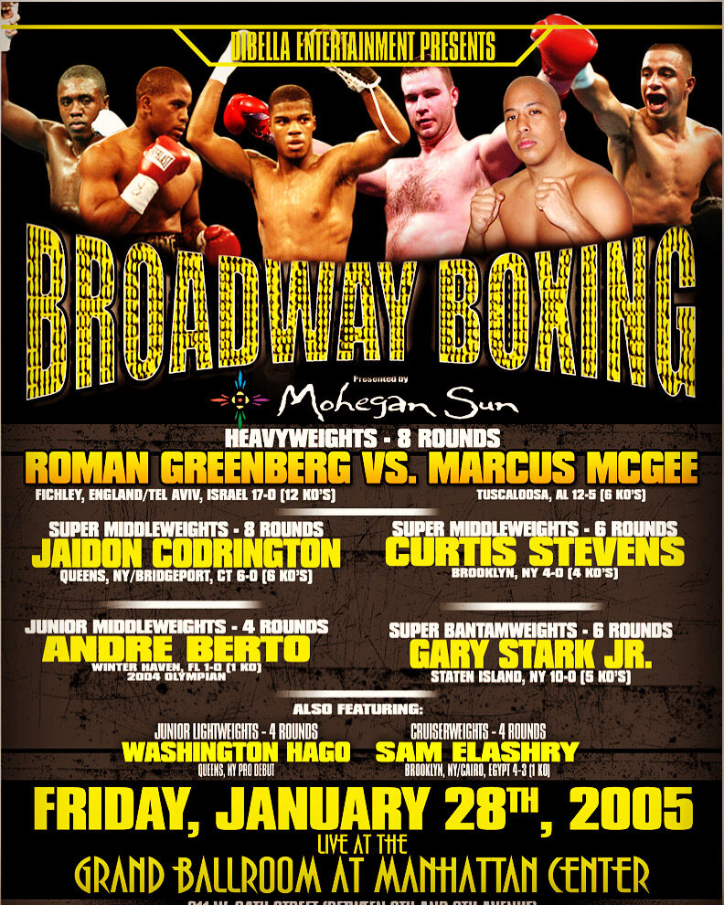 Historic Broadway Boxing event poster featuring Washington Hago